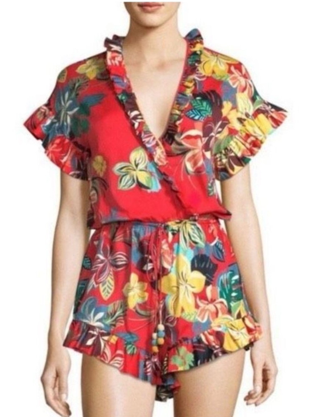 Alexis Red Tropical Floral Ruffle Romper